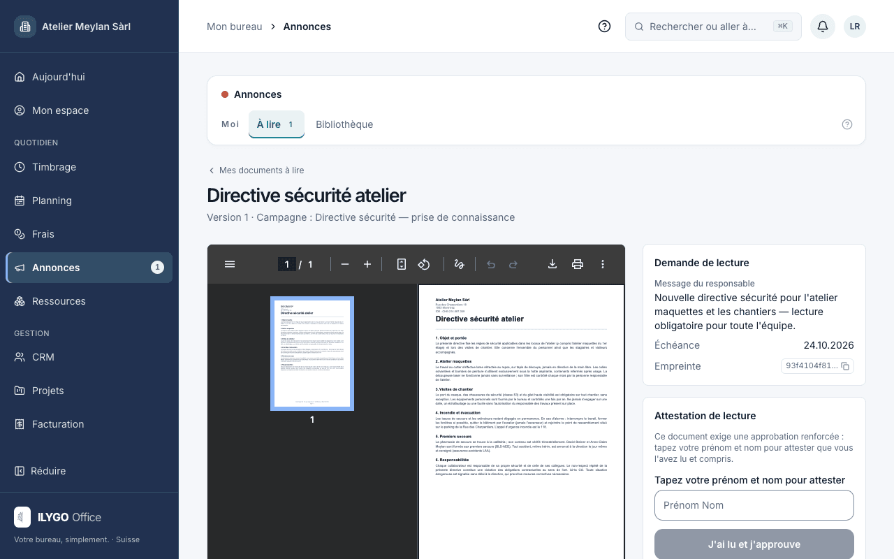 Lecture du PDF dans l'application avec le bouton J'ai lu et j'approuve et la re-saisie du prénom et nom