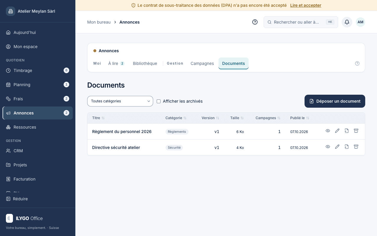 Bibliothèque de documents du responsable : PDF classés par catégorie avec versions et statut d'archivage
