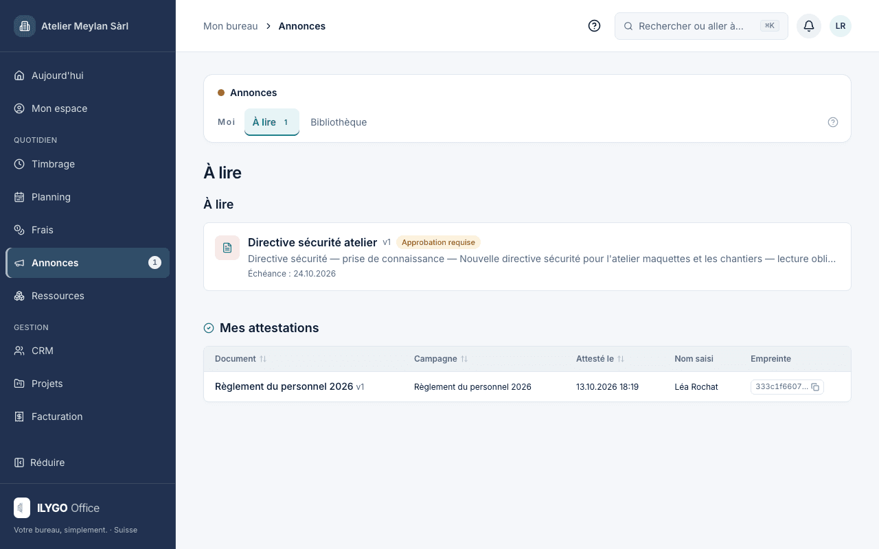 Liste des documents à lire d'un collaborateur avec échéances, badges de retard et historique des attestations