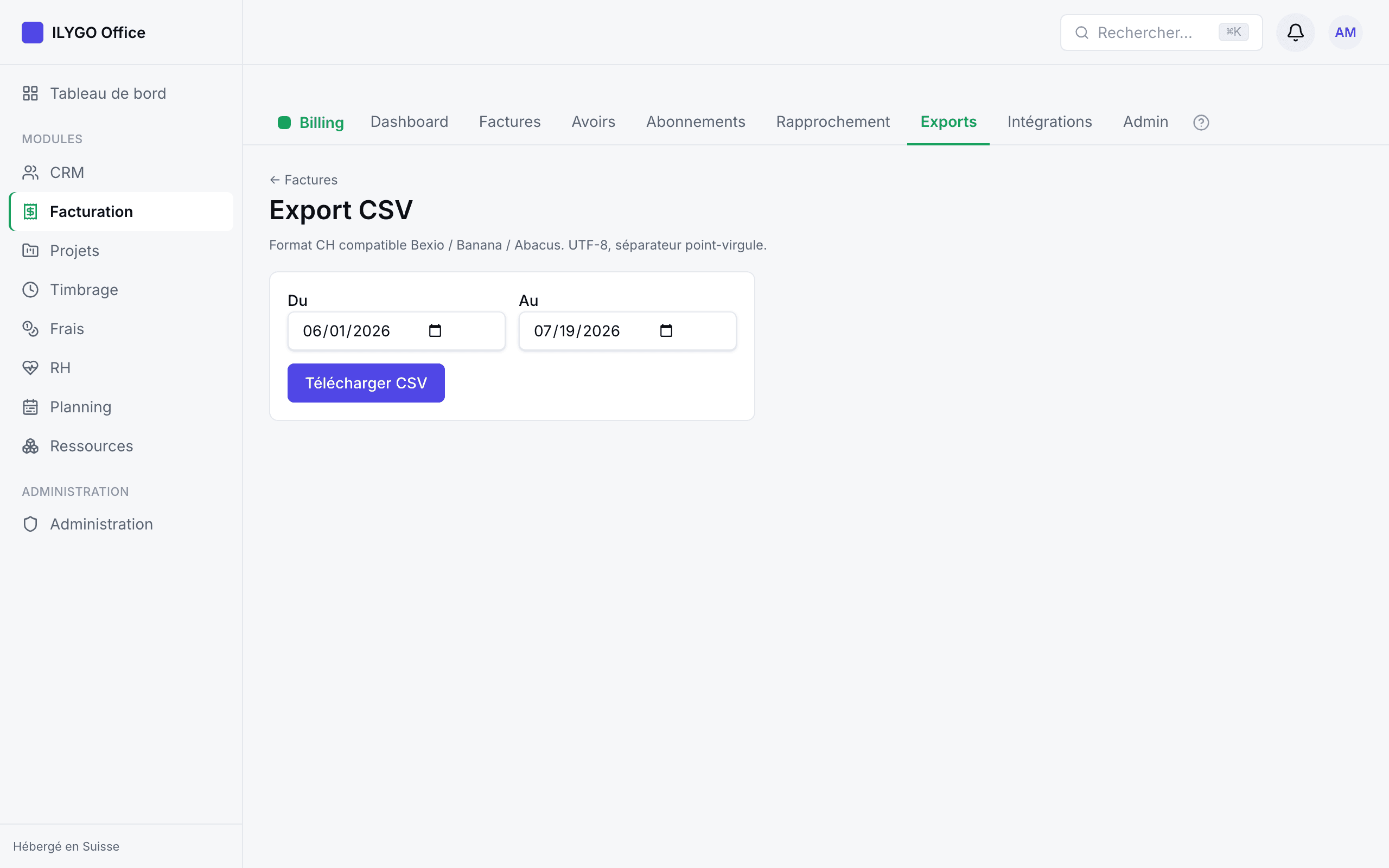 Écran d'export CSV avec choix de la période