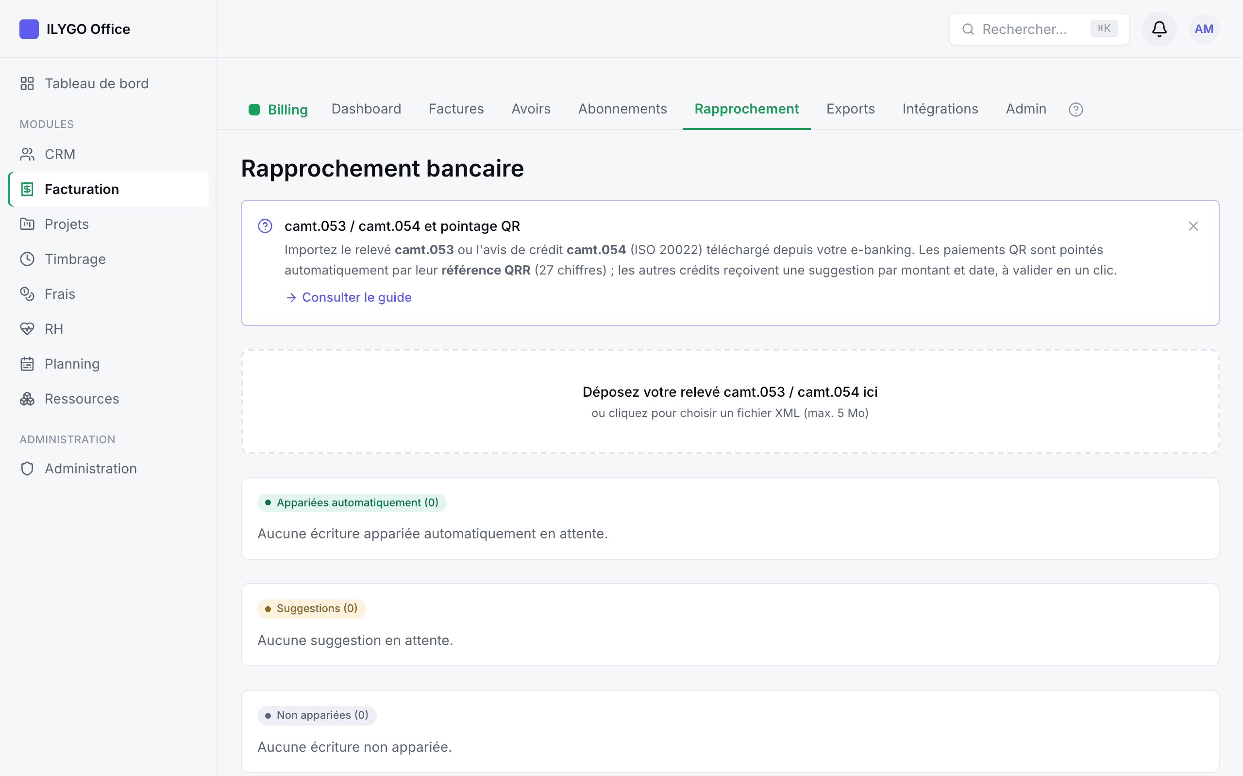 Écran de rapprochement avec les écritures appariées, suggérées et non appariées