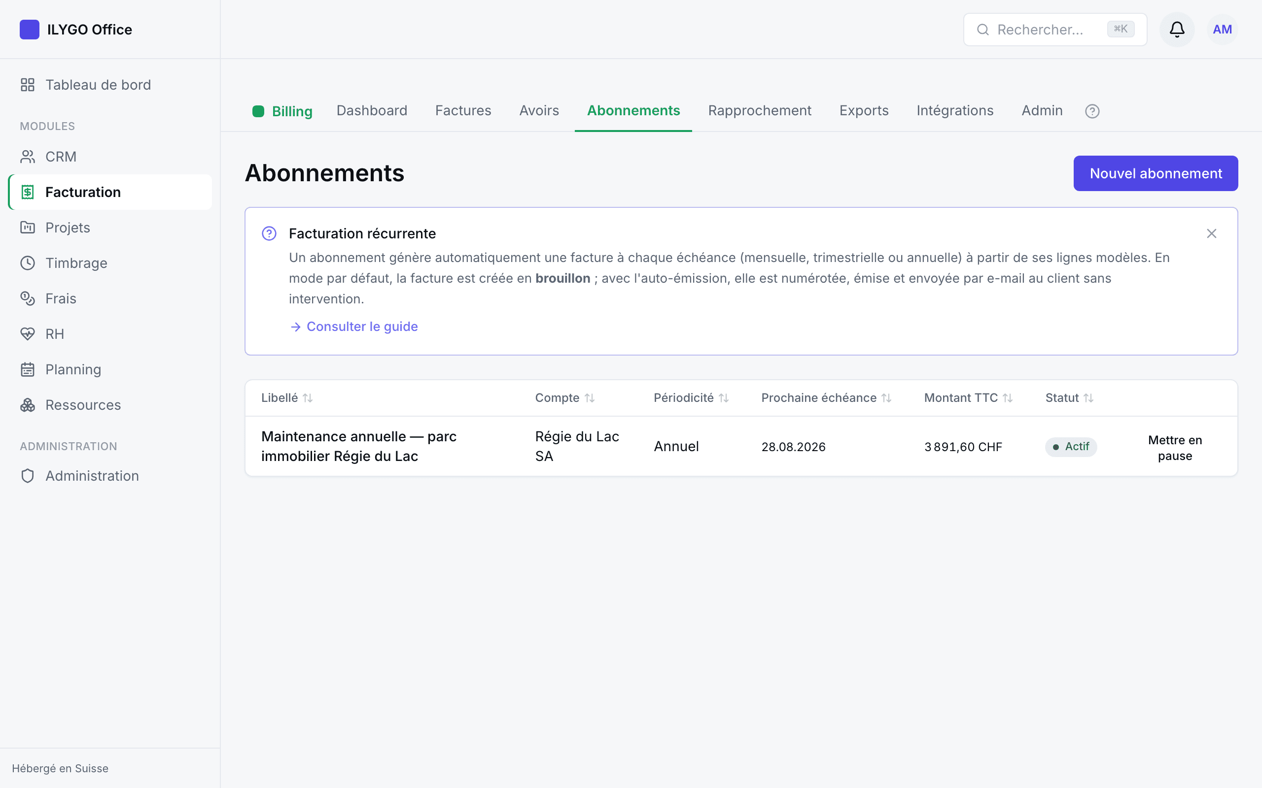 Liste des abonnements avec périodicité, prochaine échéance et statut