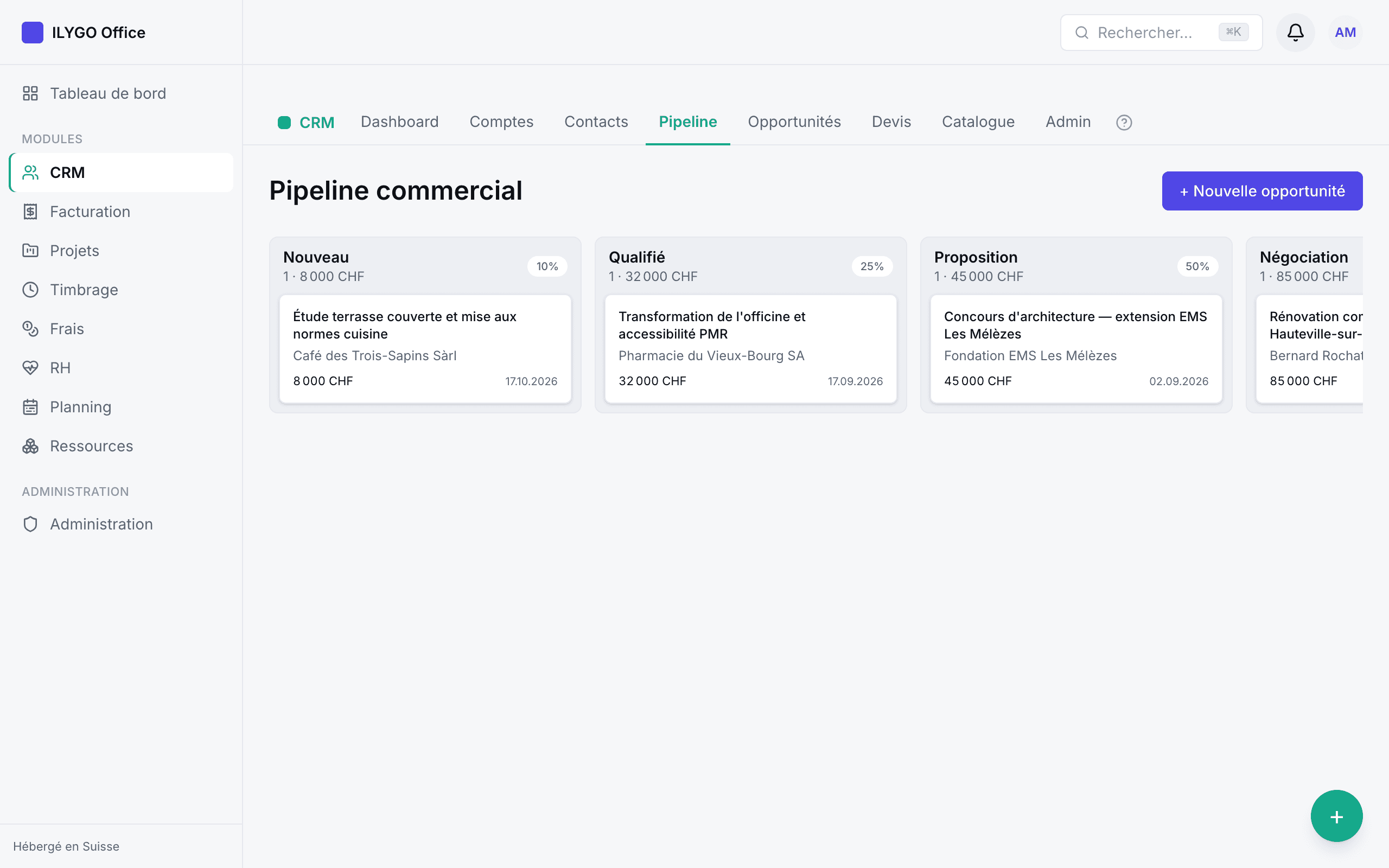 Pipeline commercial en colonnes avec cartes d'opportunités