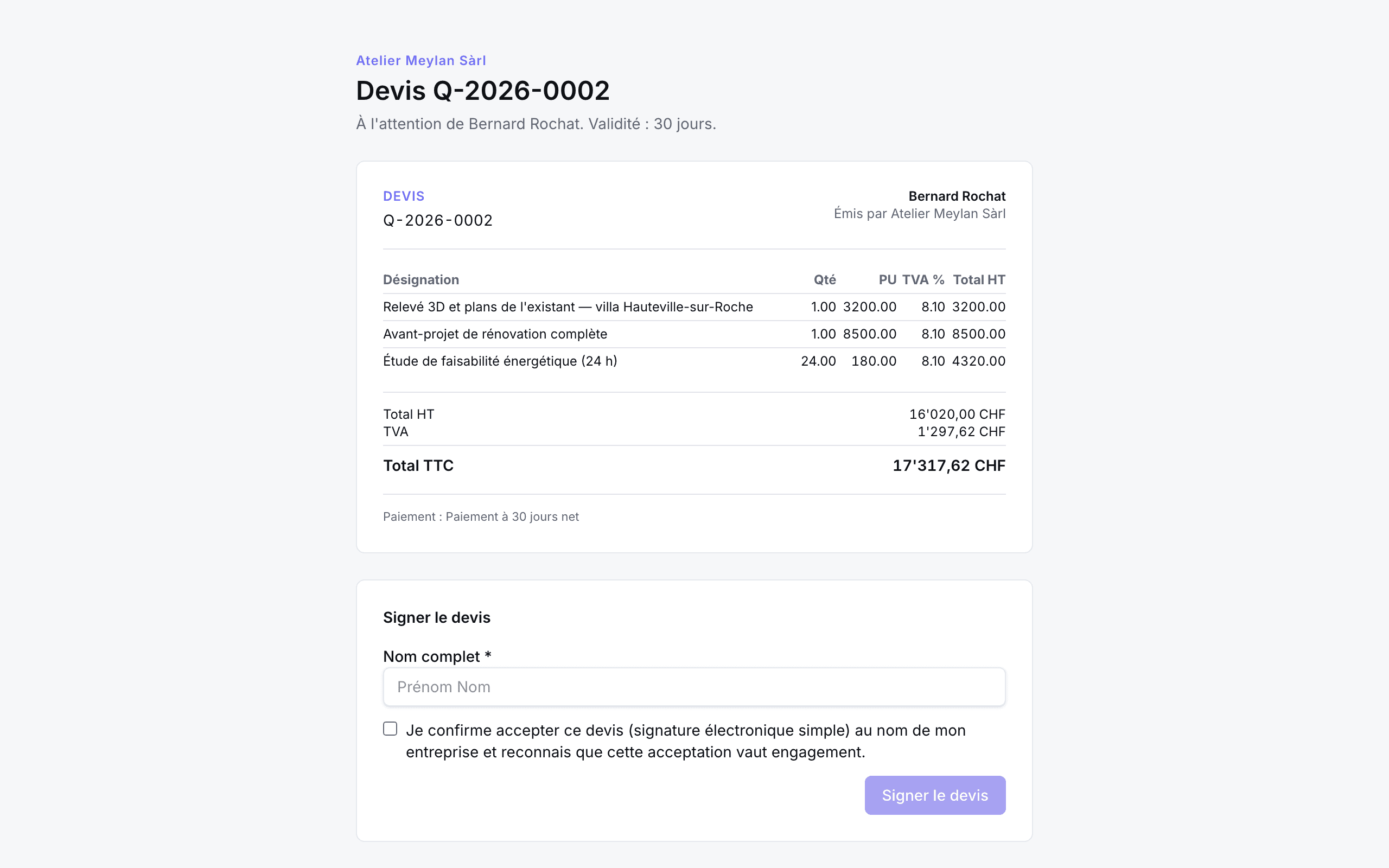 Page publique de signature d'un devis vue par le client