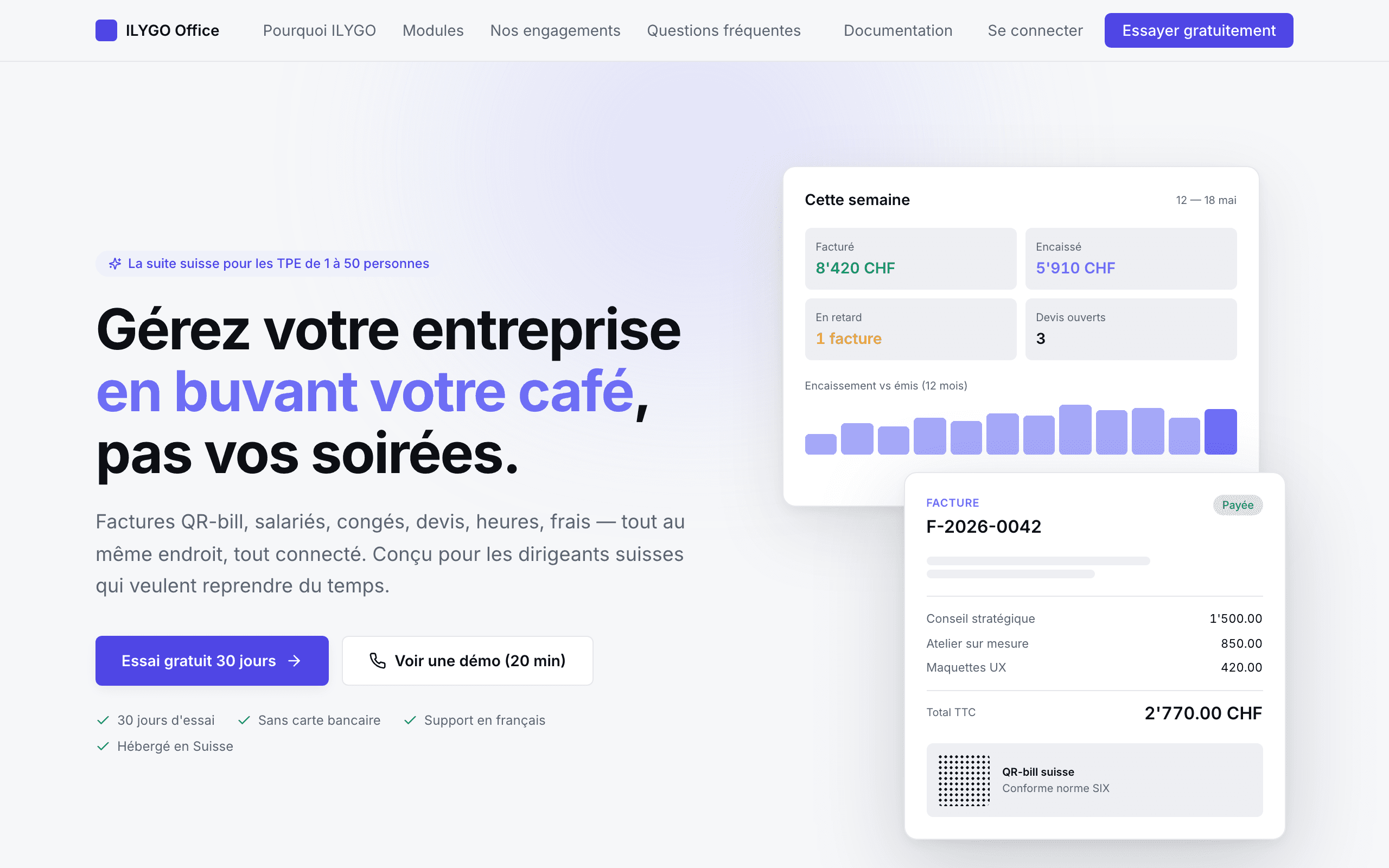 Page d'accueil du site ILYGO Office avec le bouton Essai gratuit
