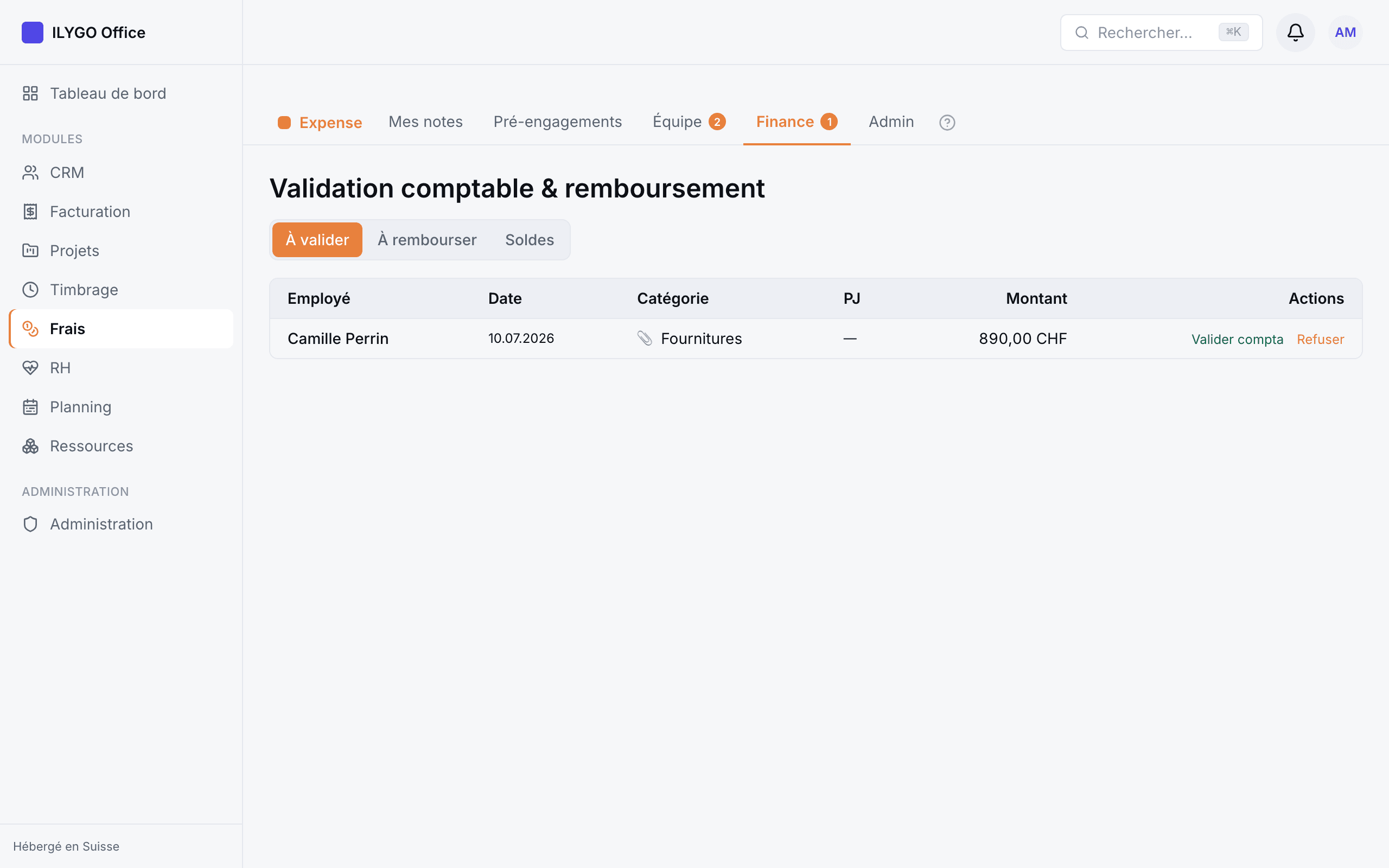 Vue finance avec les onglets À valider, À rembourser et Soldes