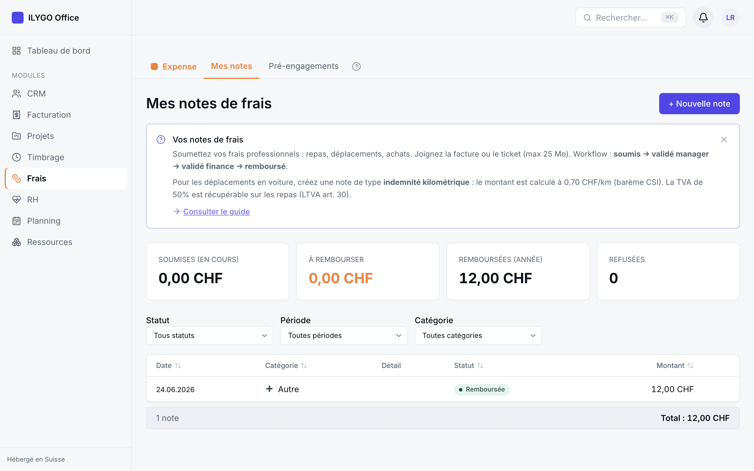 Liste « Mes notes de frais » avec les cartes de soldes, les filtres et le tableau des notes