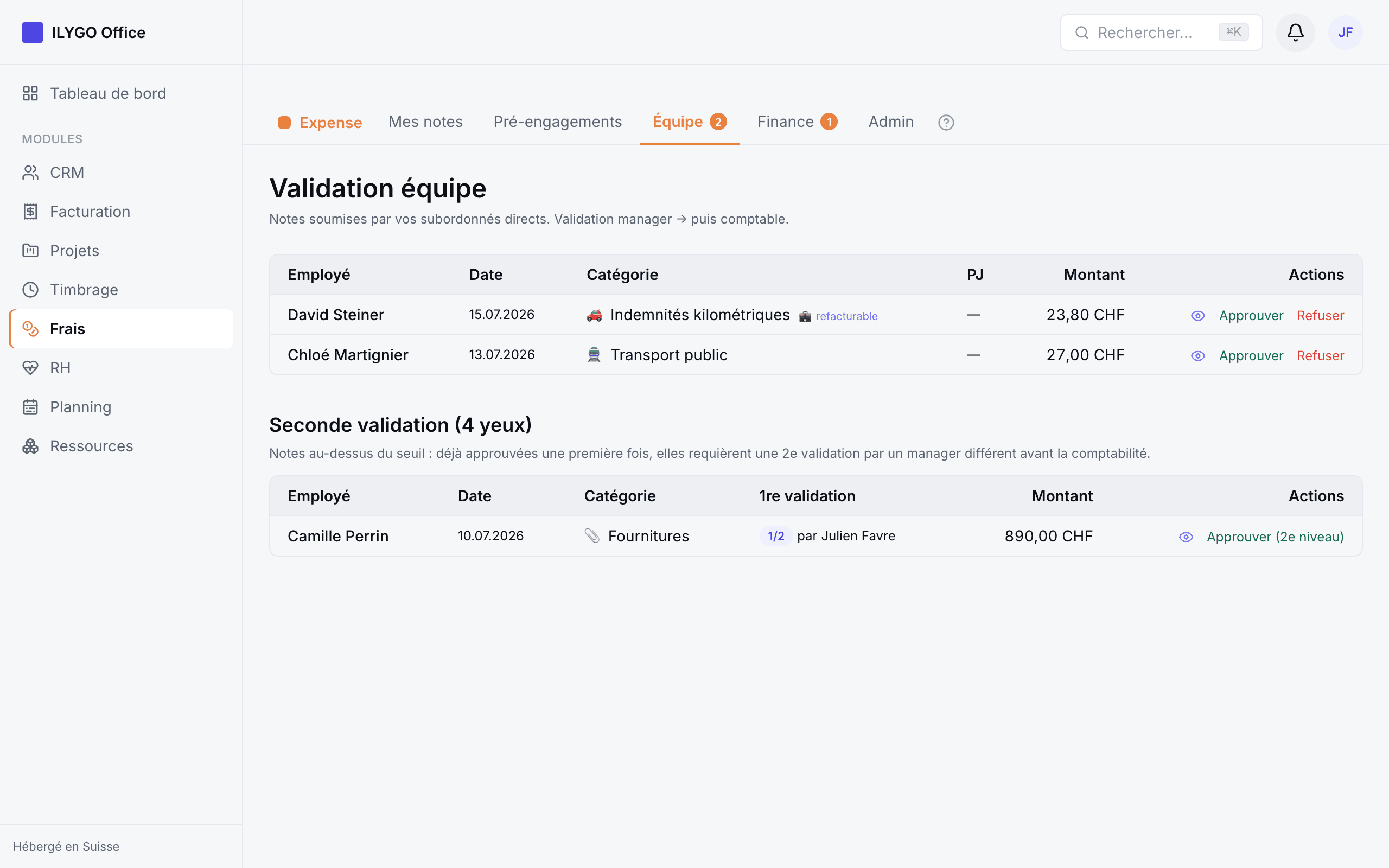 File de validation manager avec la liste des notes soumises et les actions Approuver / Refuser