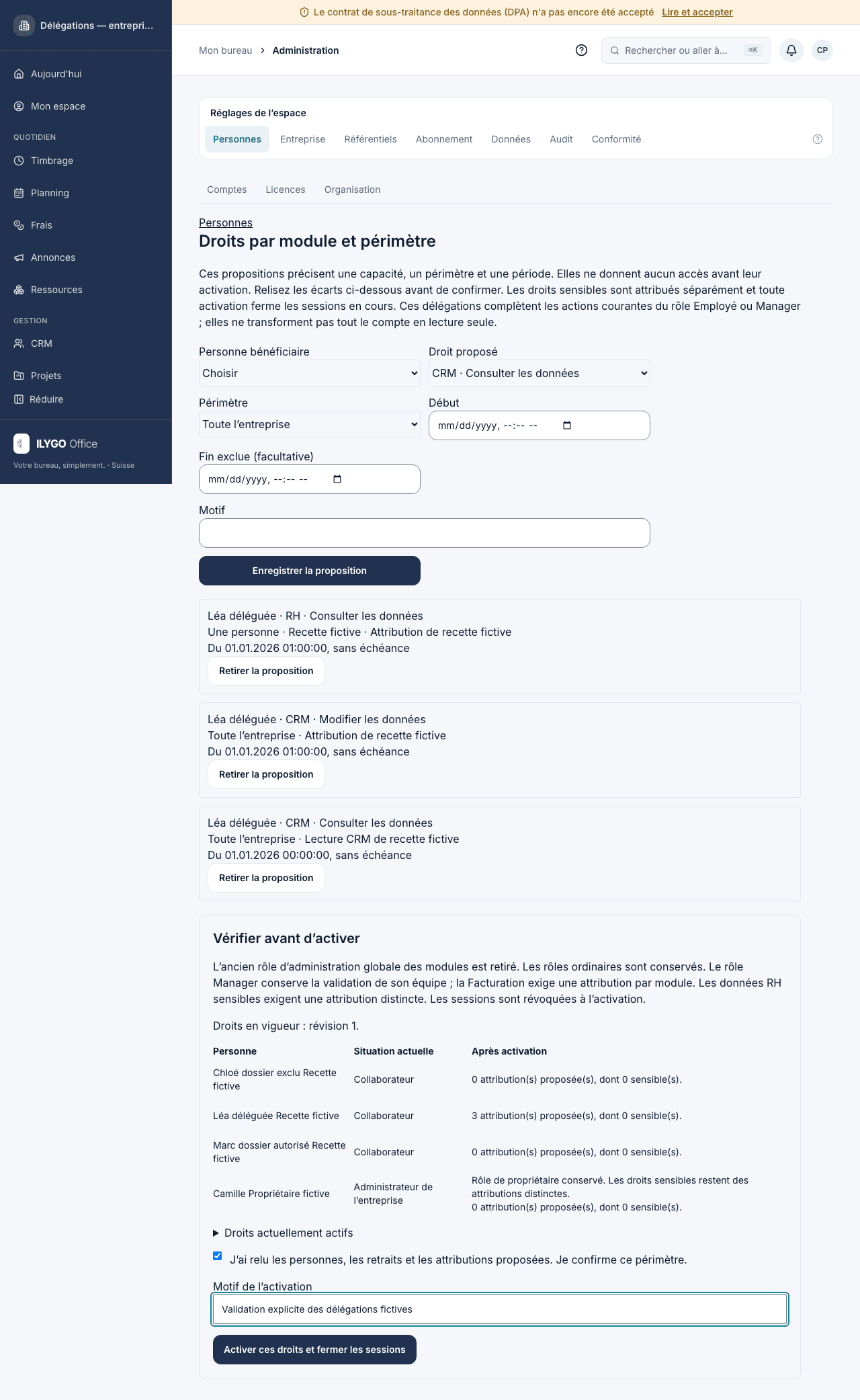 Revue de délégations CRM et RH pour des personnes fictives, avant activation