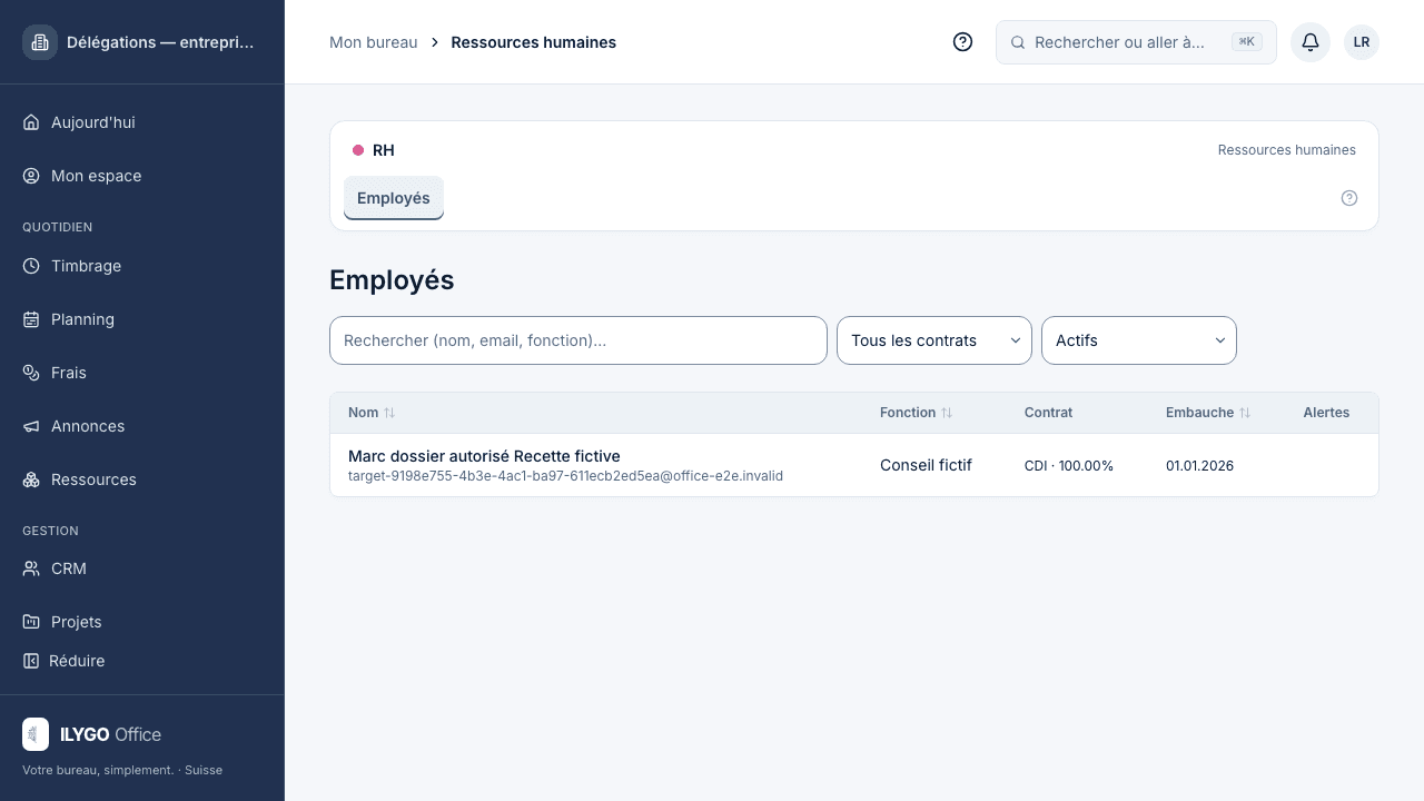 Liste RH limitée au seul collaborateur fictif autorisé, sans action d'embauche