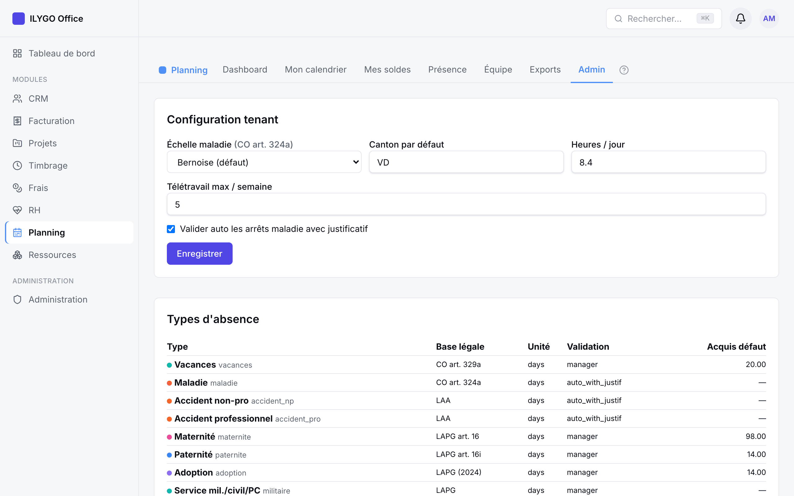 Page d'administration du Planning : configuration, types d'absence, calendrier d'entreprise et tracker maladie CO 324a