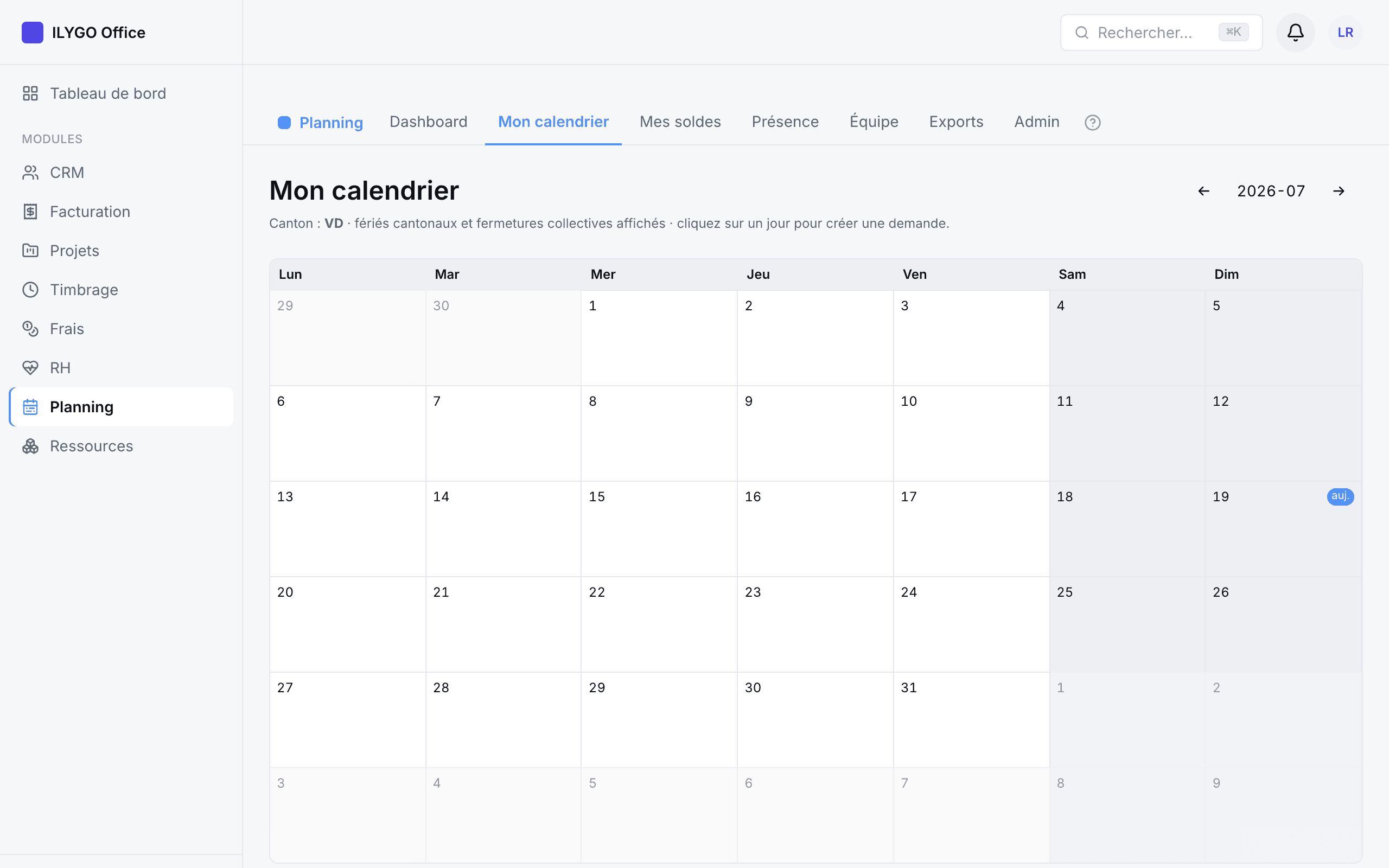 Calendrier mensuel personnel avec jours fériés vaudois, fermetures d'entreprise et absences en couleur