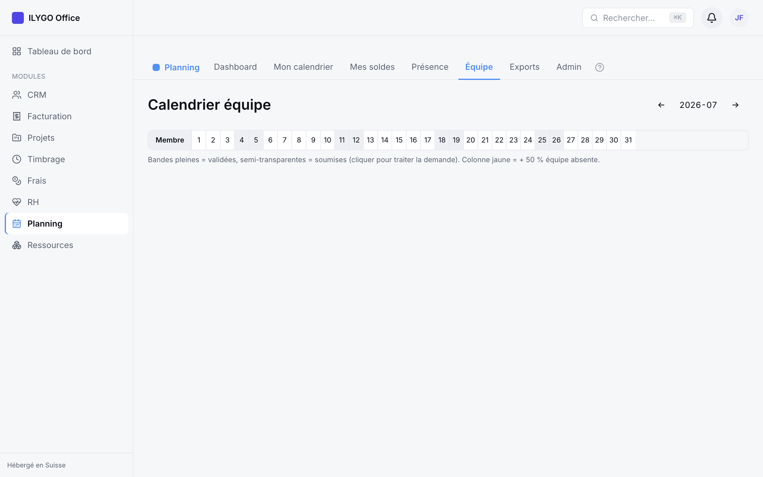 Calendrier d'équipe avec bandes d'absence par personne et colonnes en jaune signalant un conflit d'effectif