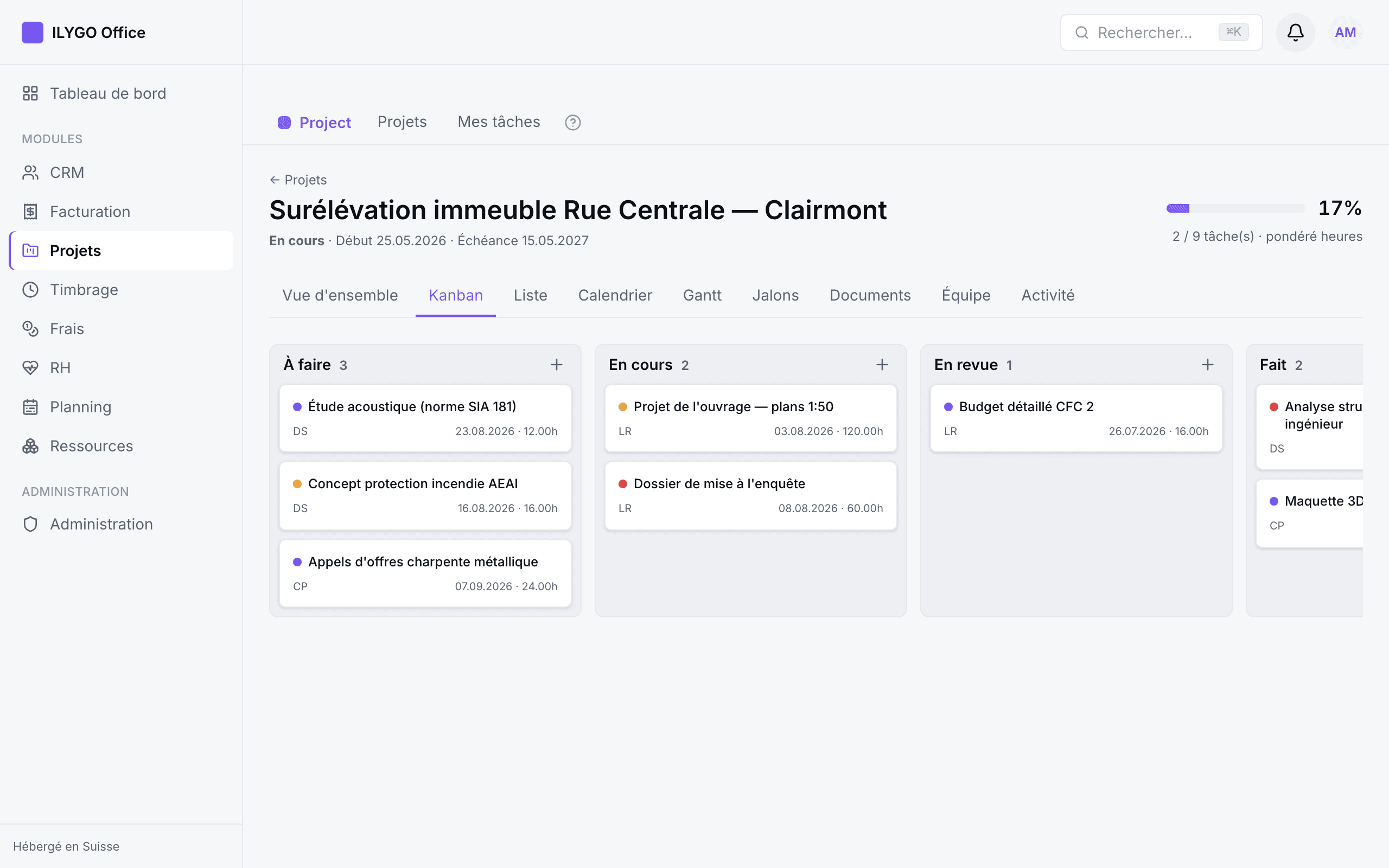 Tableau kanban avec colonnes À faire, En cours, En revue, Fait et Bloqué