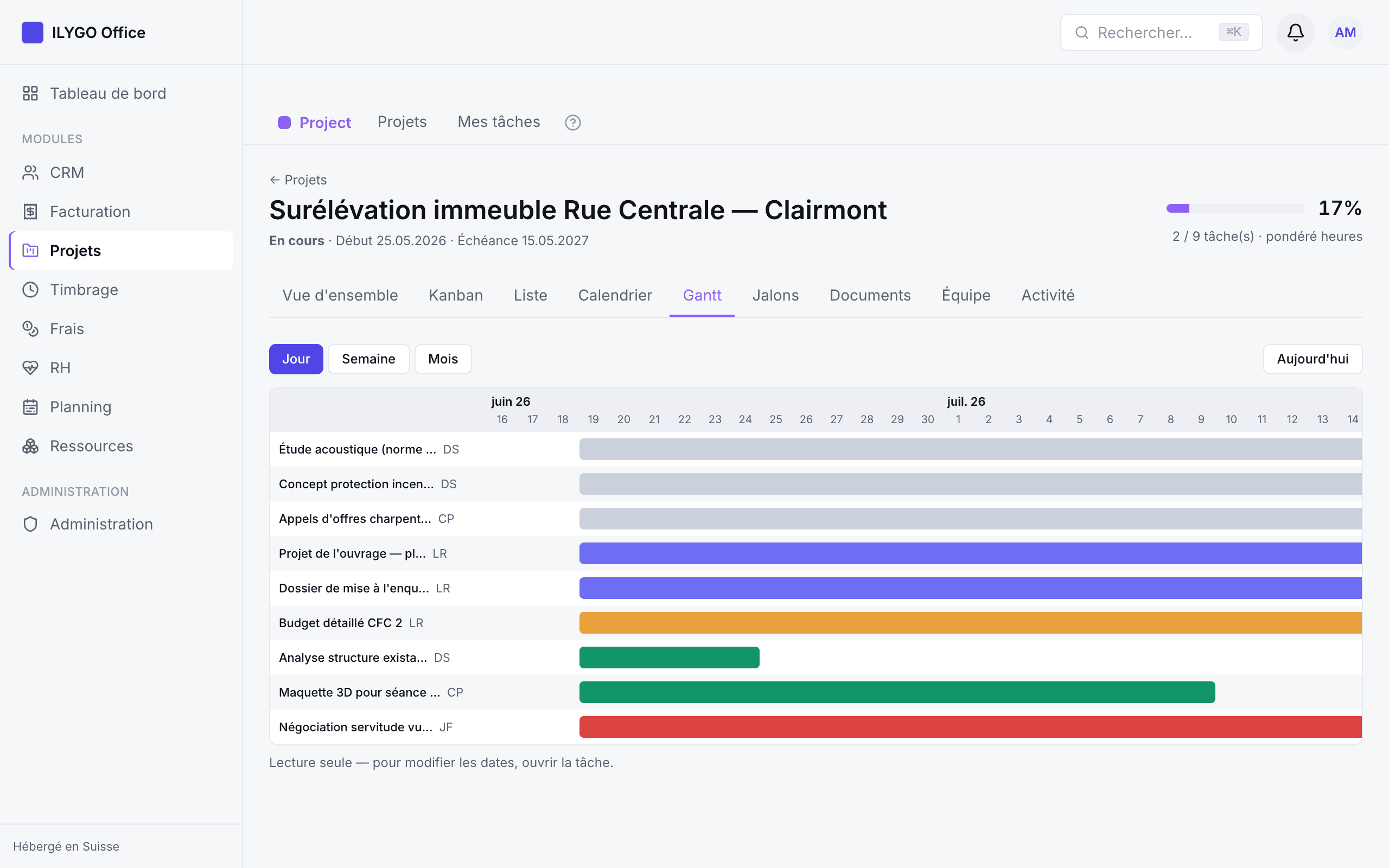 Diagramme de Gantt avec zoom jour, semaine, mois et ligne du jour
