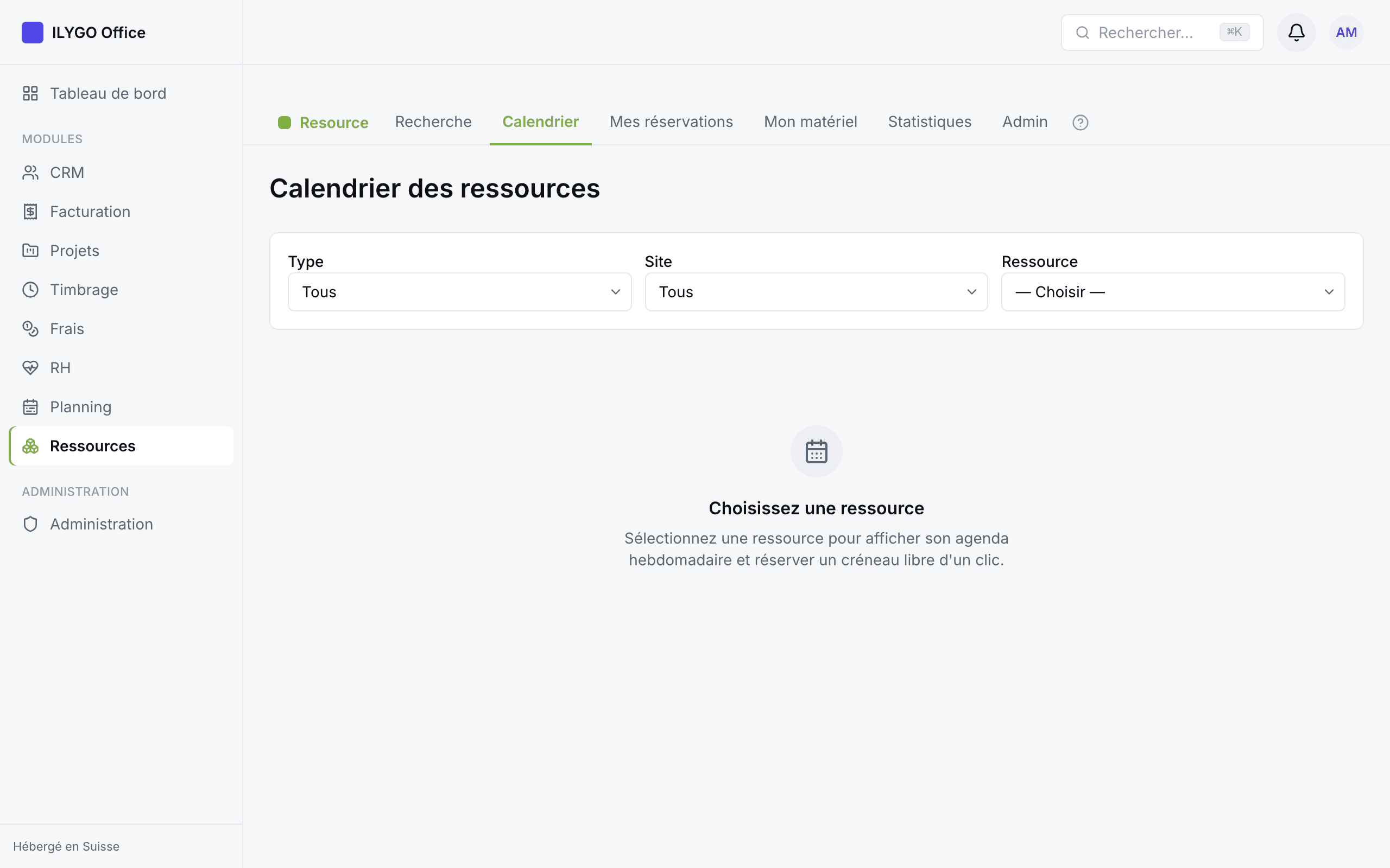 Calendrier hebdomadaire d'une ressource avec les créneaux occupés et les créneaux libres cliquables