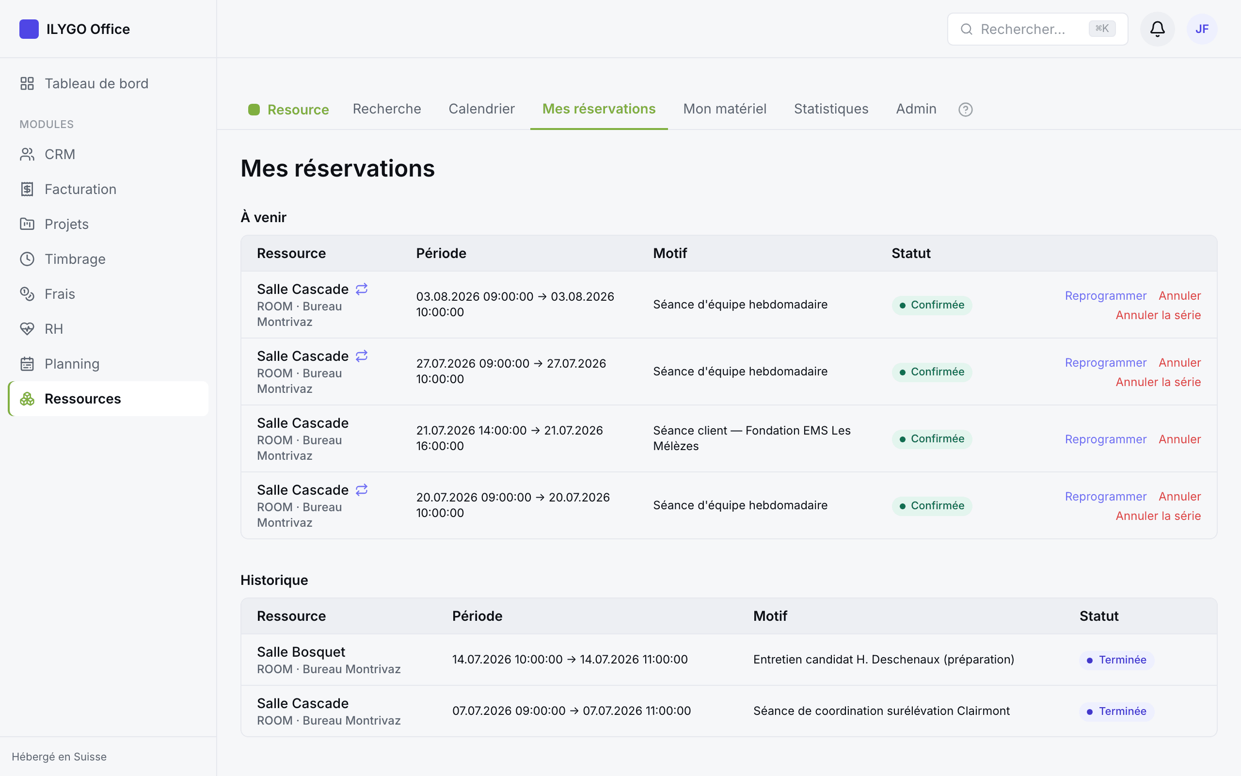 Page Mes réservations avec les sections À venir et Historique et les actions Reprogrammer / Annuler