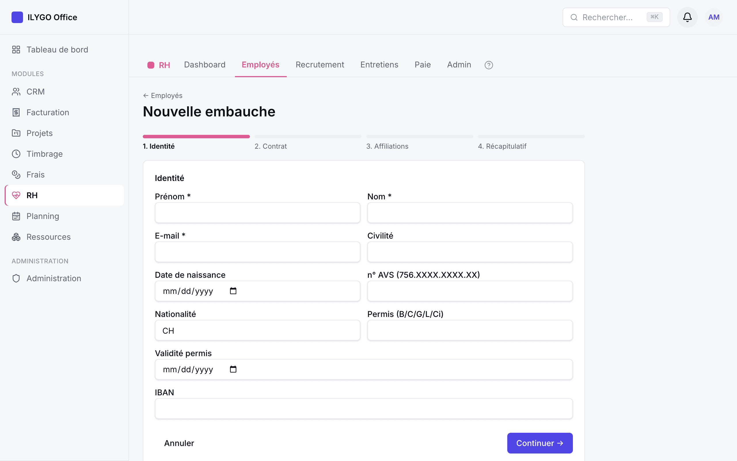 Assistant d'embauche en 4 étapes, première étape identité avec validation du numéro AVS