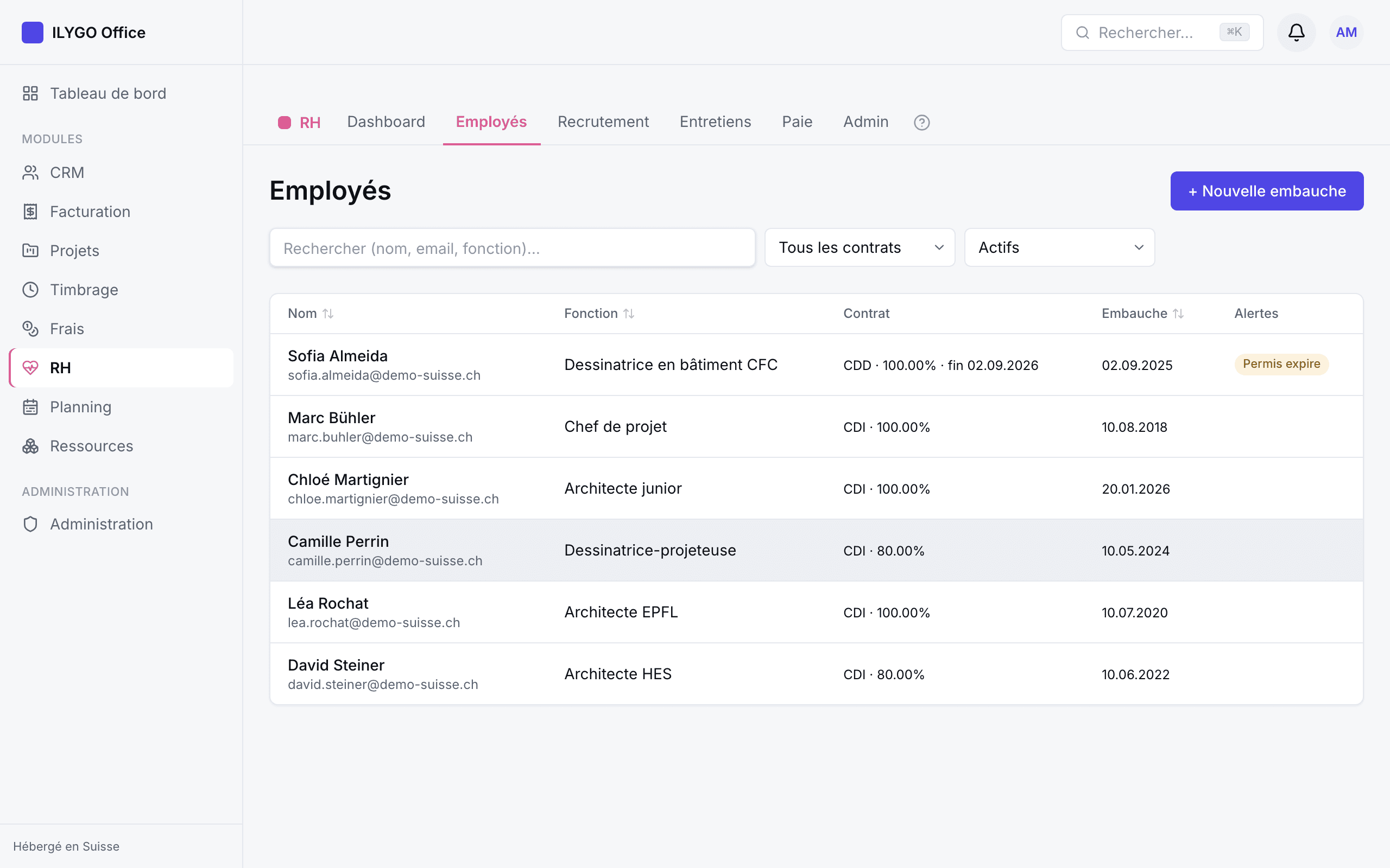 Liste des collaborateurs avec recherche, filtres par contrat et badges d'alerte