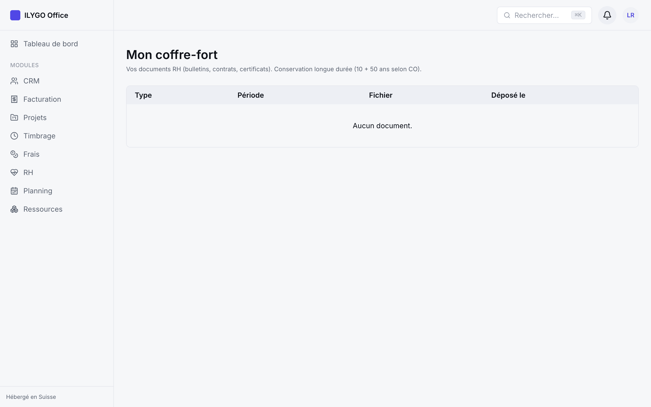 Coffre-fort personnel d'un collaborateur : bulletins de paie et documents classés par période