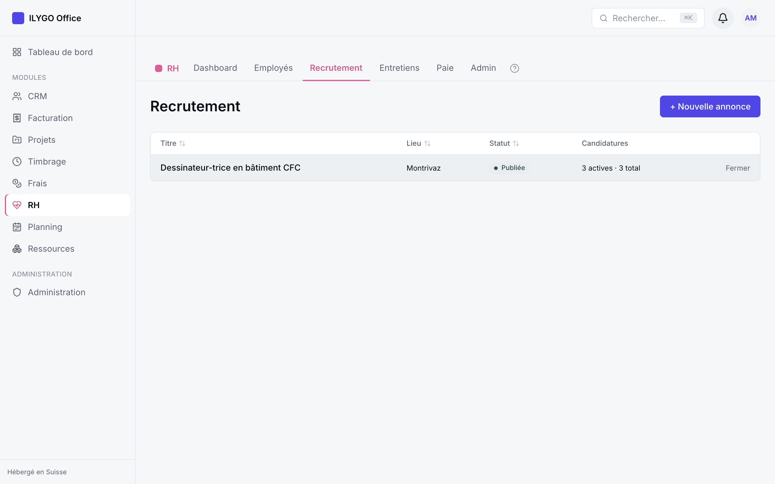 Kanban des candidatures avec colonnes Reçue, Présélection, Entretien, Offre, Embauche