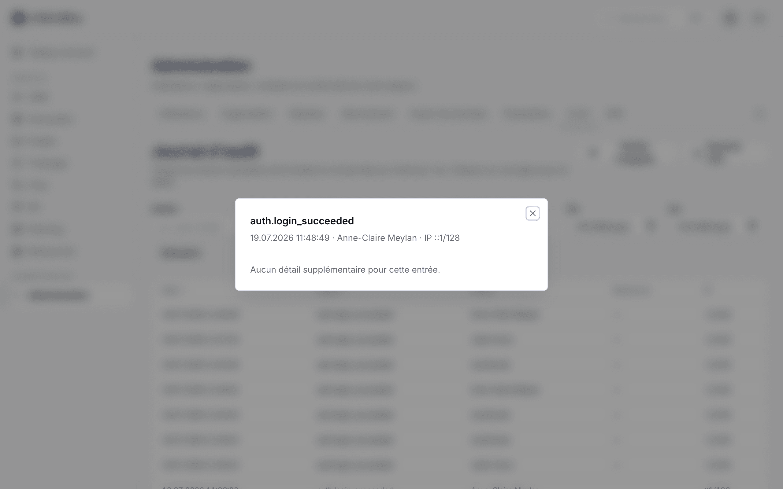 Détail d'une entrée d'audit avec les informations de l'action