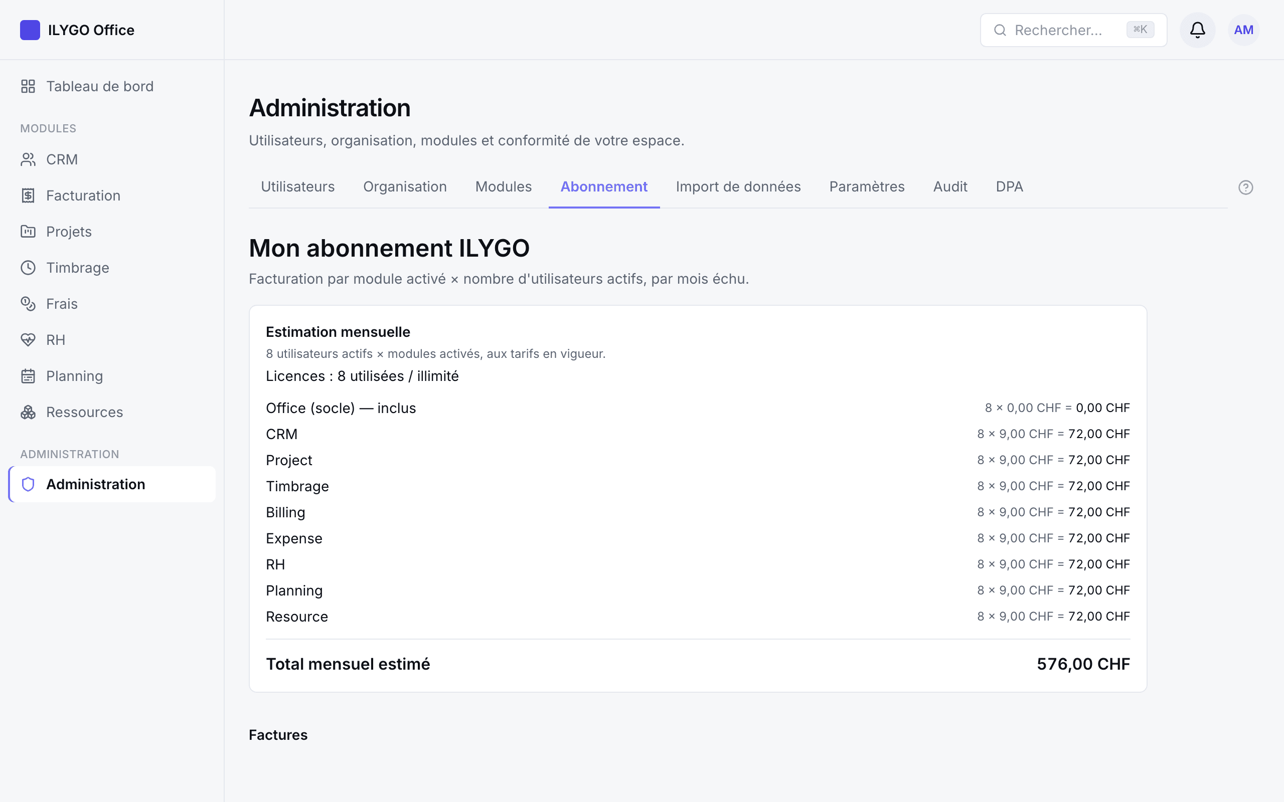 Page d'abonnement avec l'estimation mensuelle par module et la liste des factures