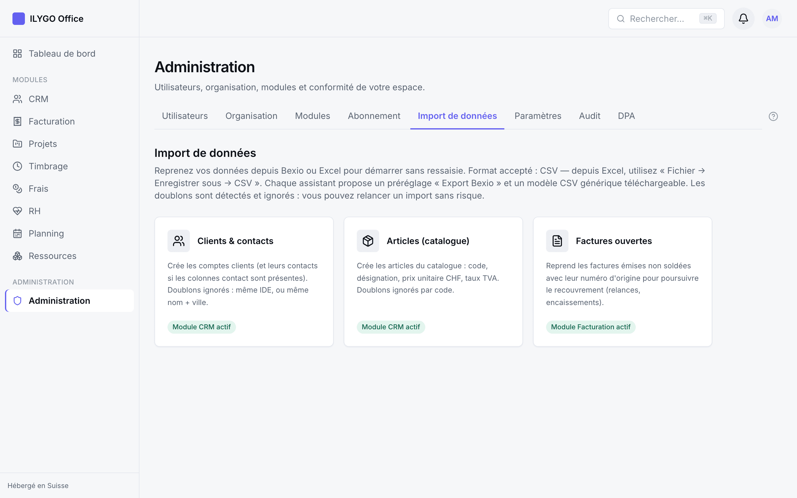 Hub d'import de données avec les trois assistants : clients, articles, factures ouvertes