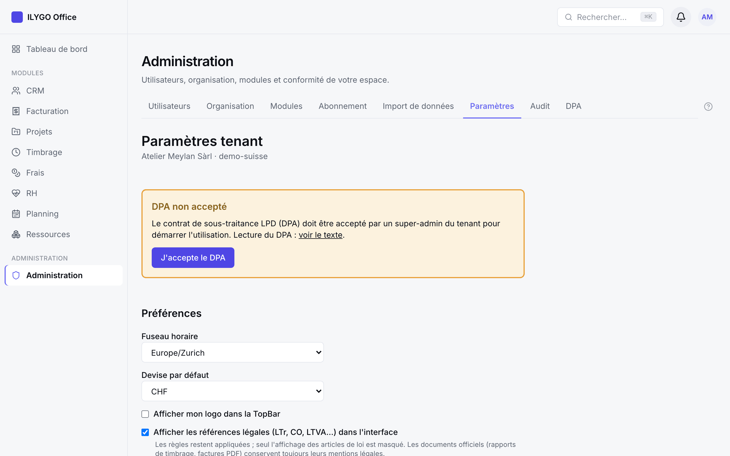 Paramètres de l'espace : DPA, fuseau horaire, devise et logo