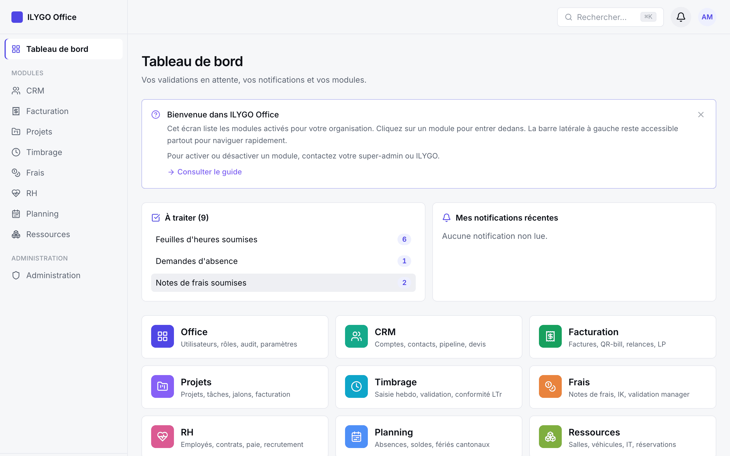 Tableau de bord avec les validations en attente, les notifications et les tuiles des modules