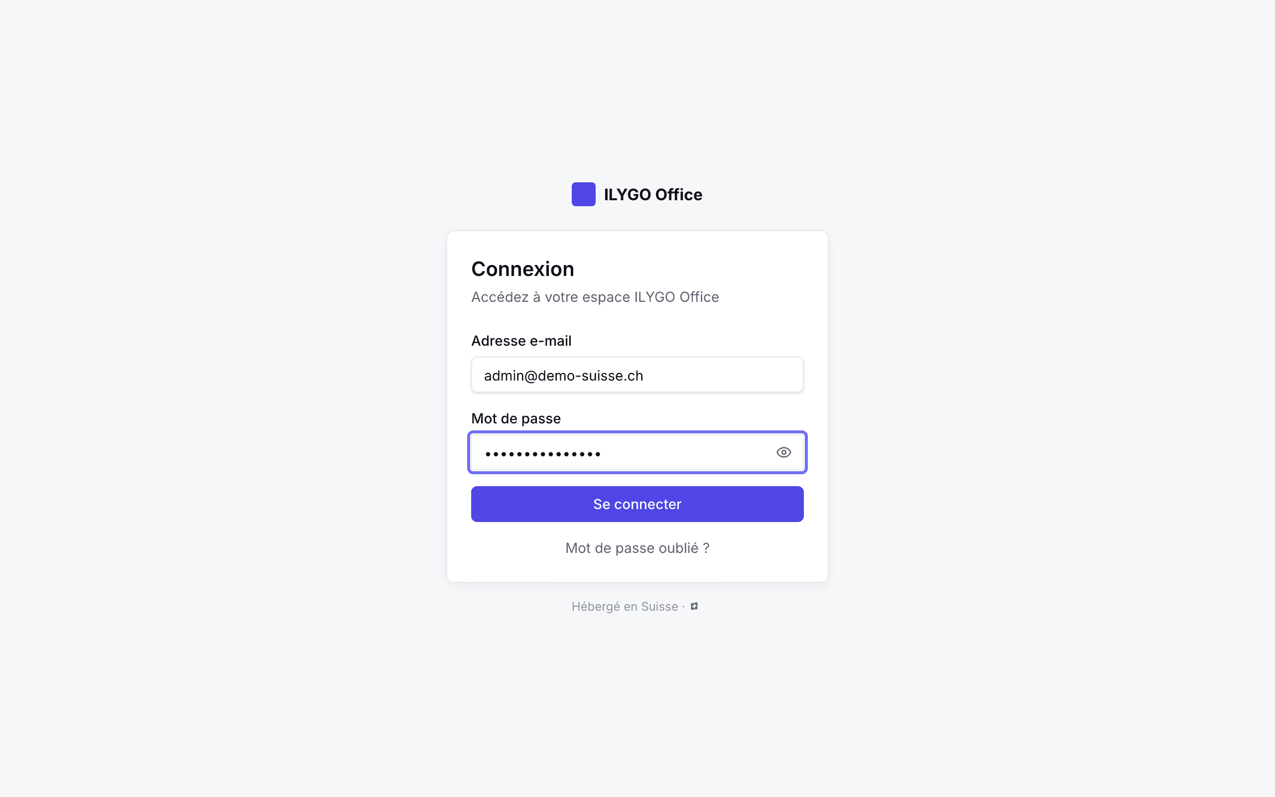 Écran de connexion à ILYGO Office avec e-mail et mot de passe