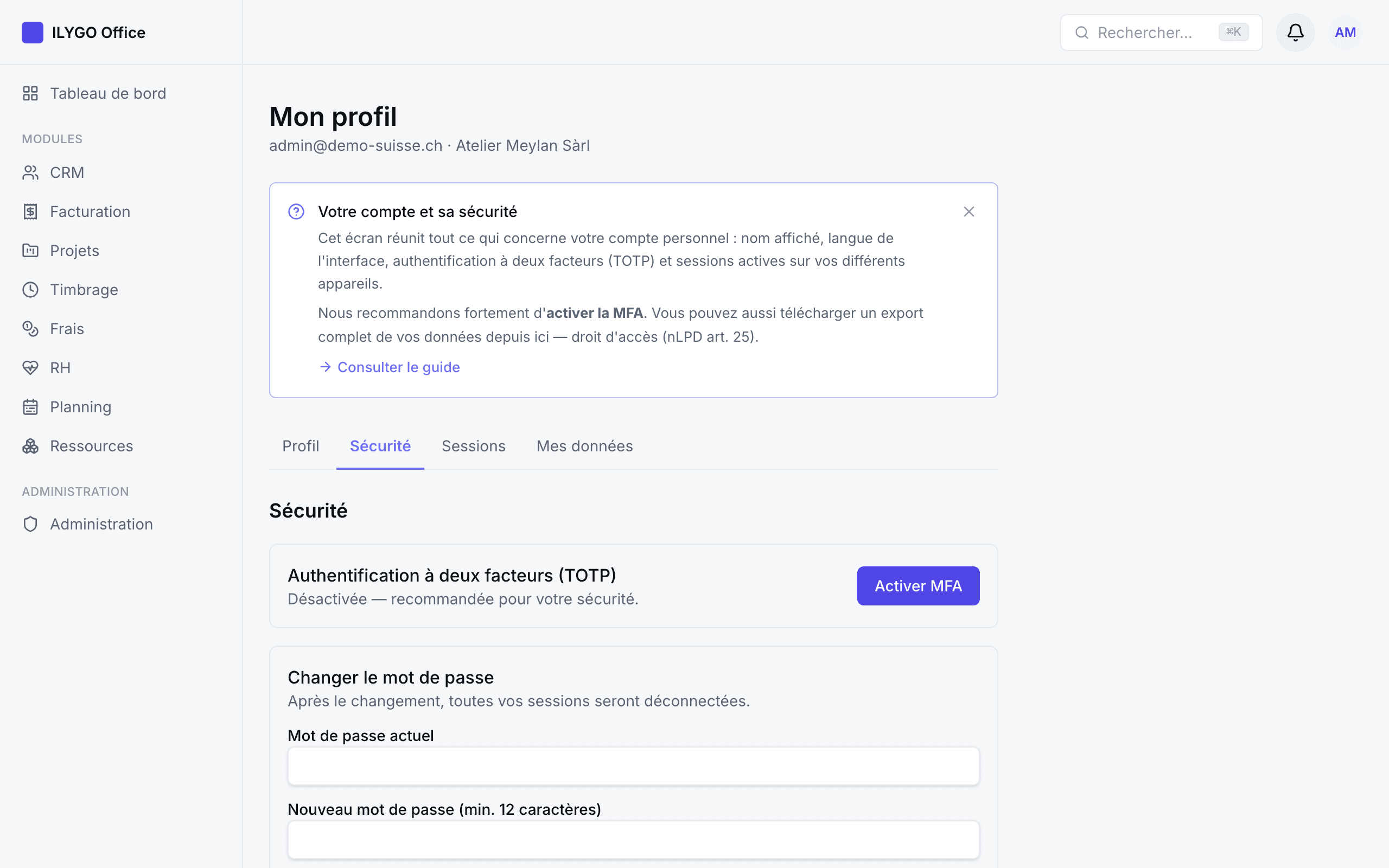 Onglet Sécurité de Mon profil avec l'activation de la double vérification