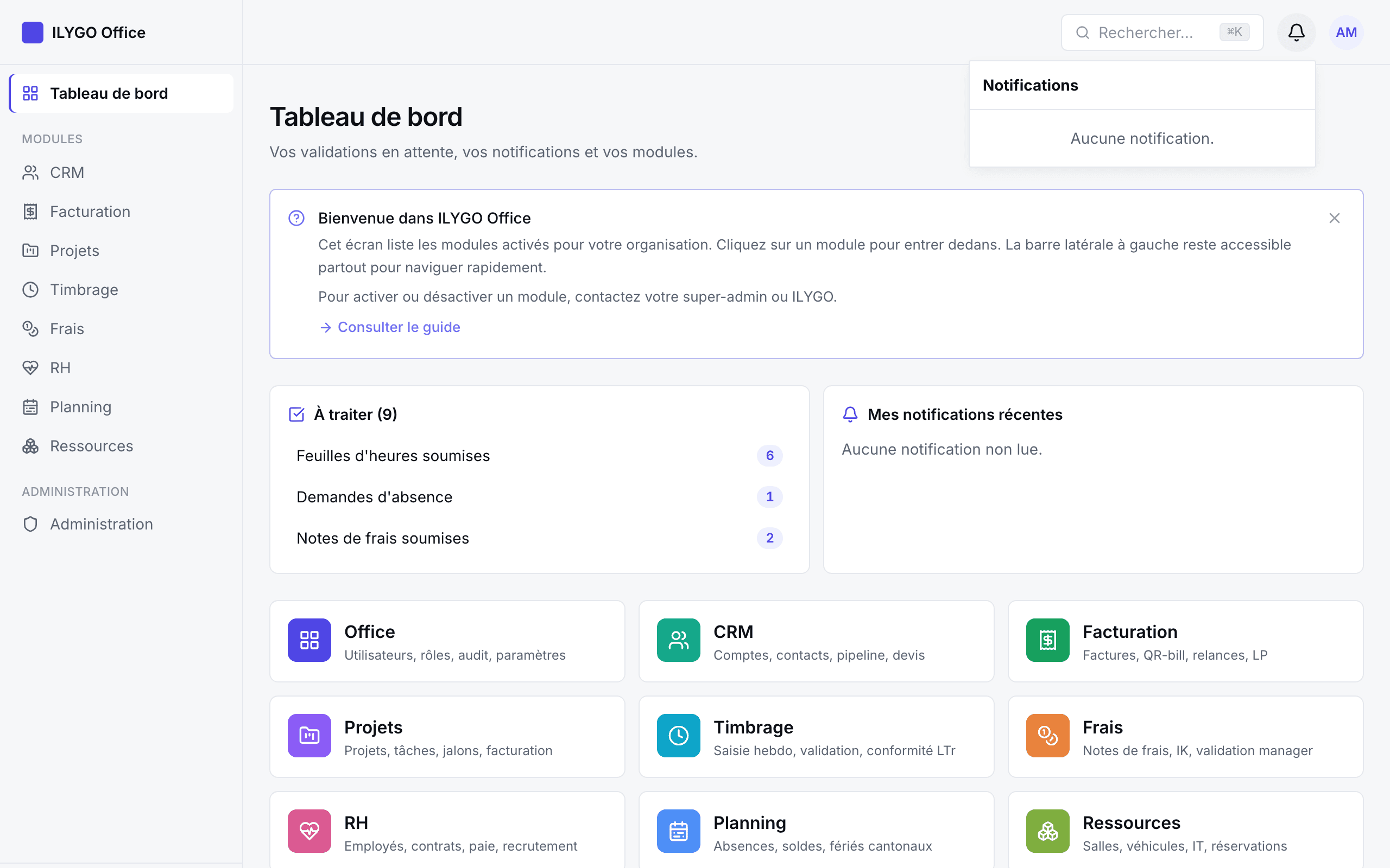 Panneau des notifications ouvert avec plusieurs notifications non lues