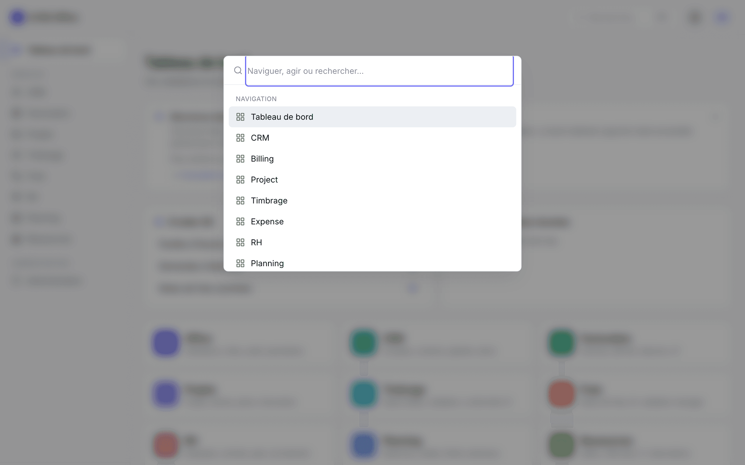 Recherche rapide ouverte avec navigation, actions et résultats