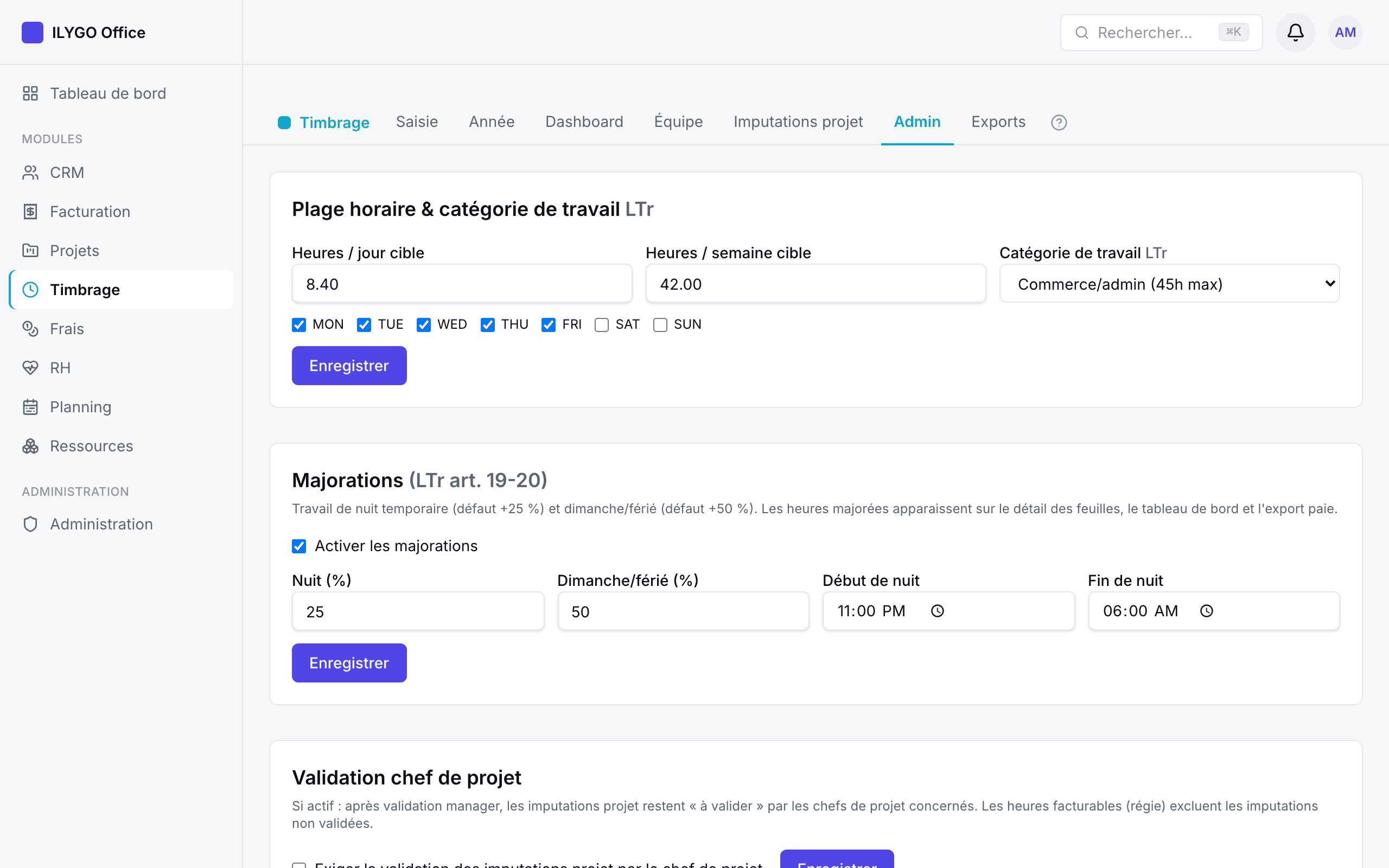 Réglages du timbrage : semaine type, catégorie LTr, majorations, activités internes