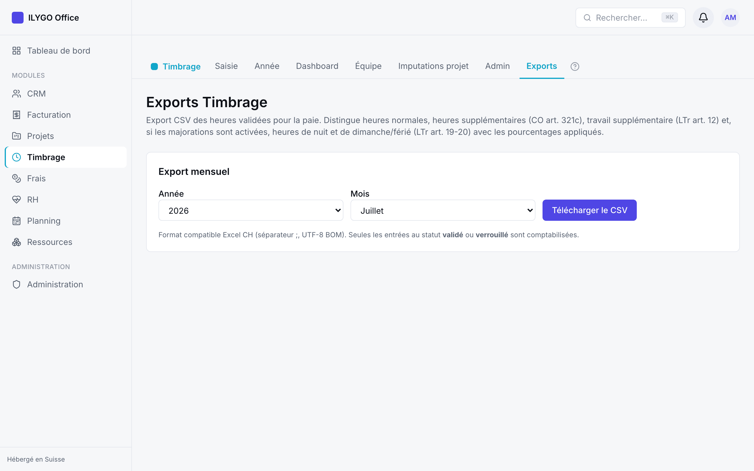 Export CSV mensuel des heures validées pour la paie