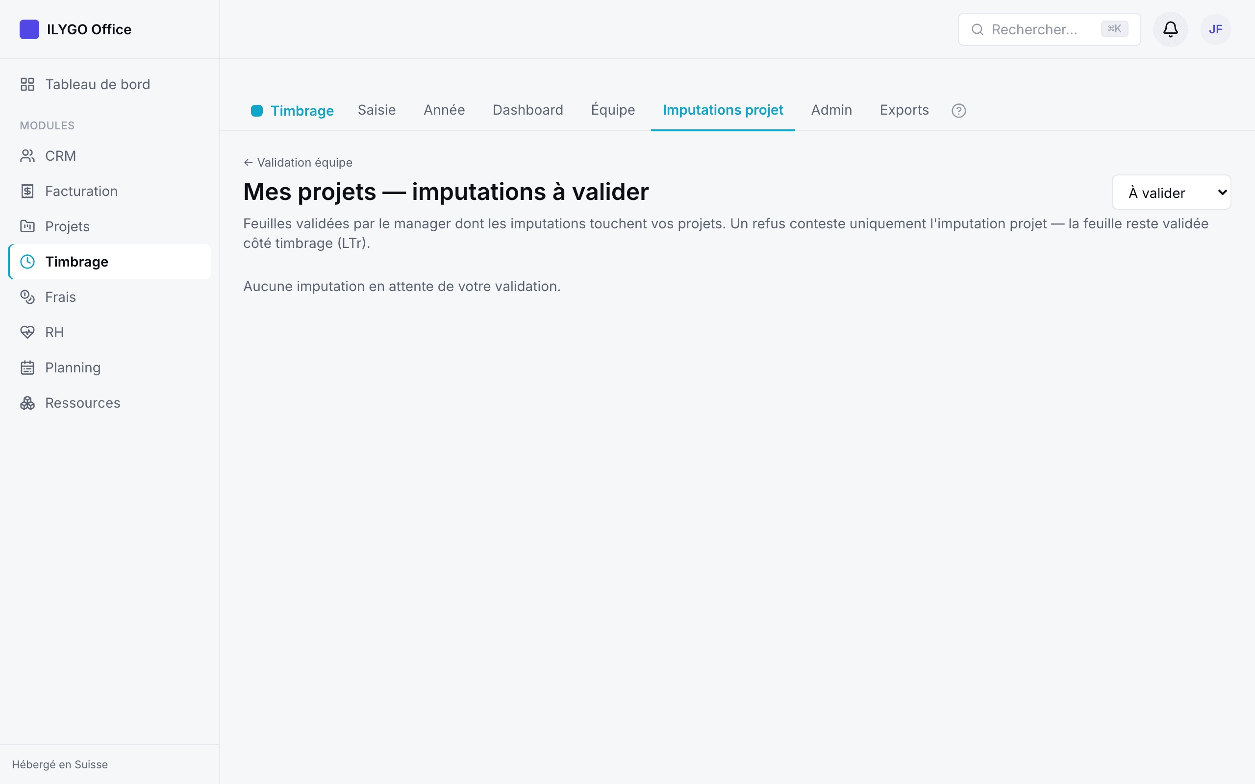 Imputations projet à valider par les chefs de projet, groupées par projet