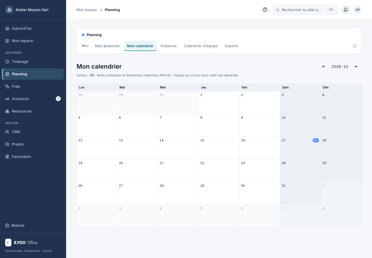 Calendrier personnel et demandes de congés de Léa