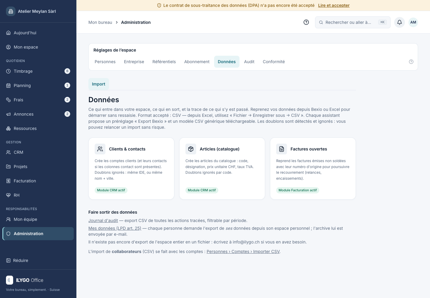 Choix des imports et modèles disponibles pour l’entreprise fictive