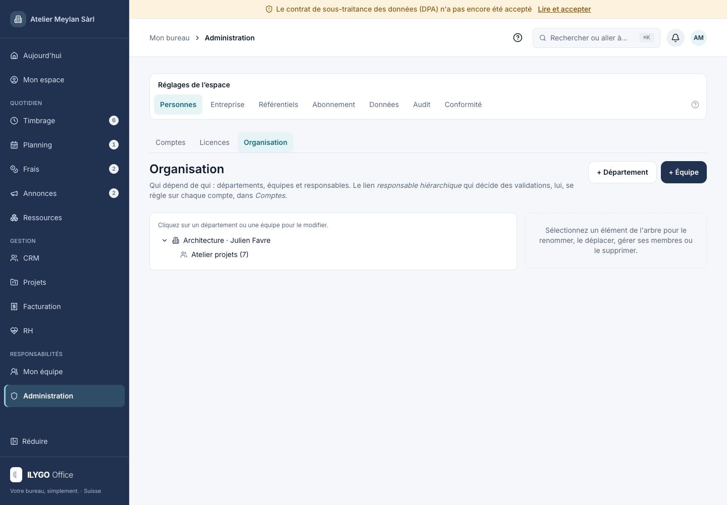 Organisation de l’entreprise fictive Atelier Meylan
